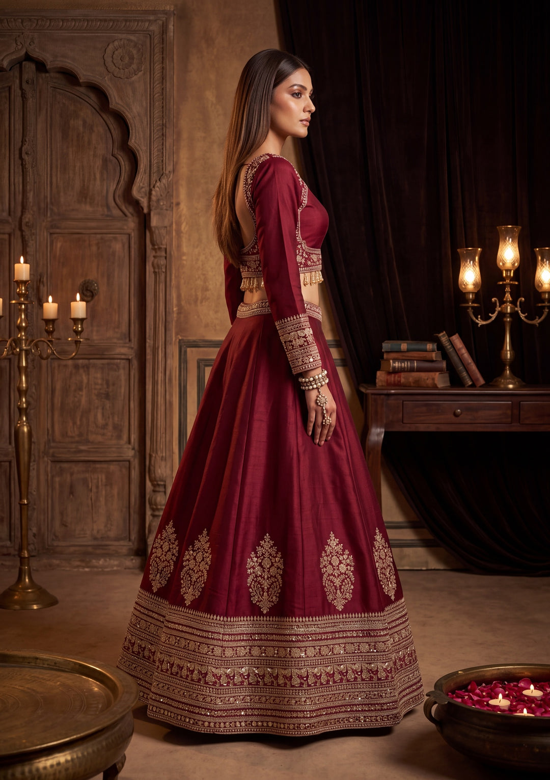Sequins Maroon Raw Silk Stitched Lehenga Blouse With Dupatta