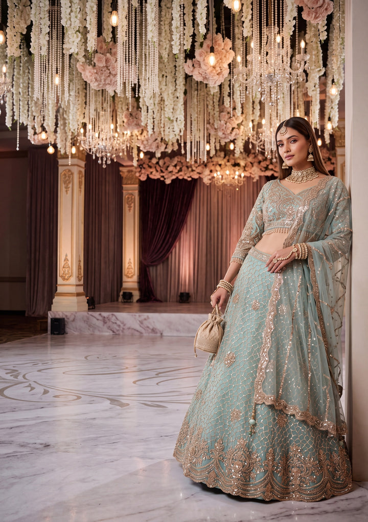 Sky Blue Cutdana Net Readymade Lehenga
