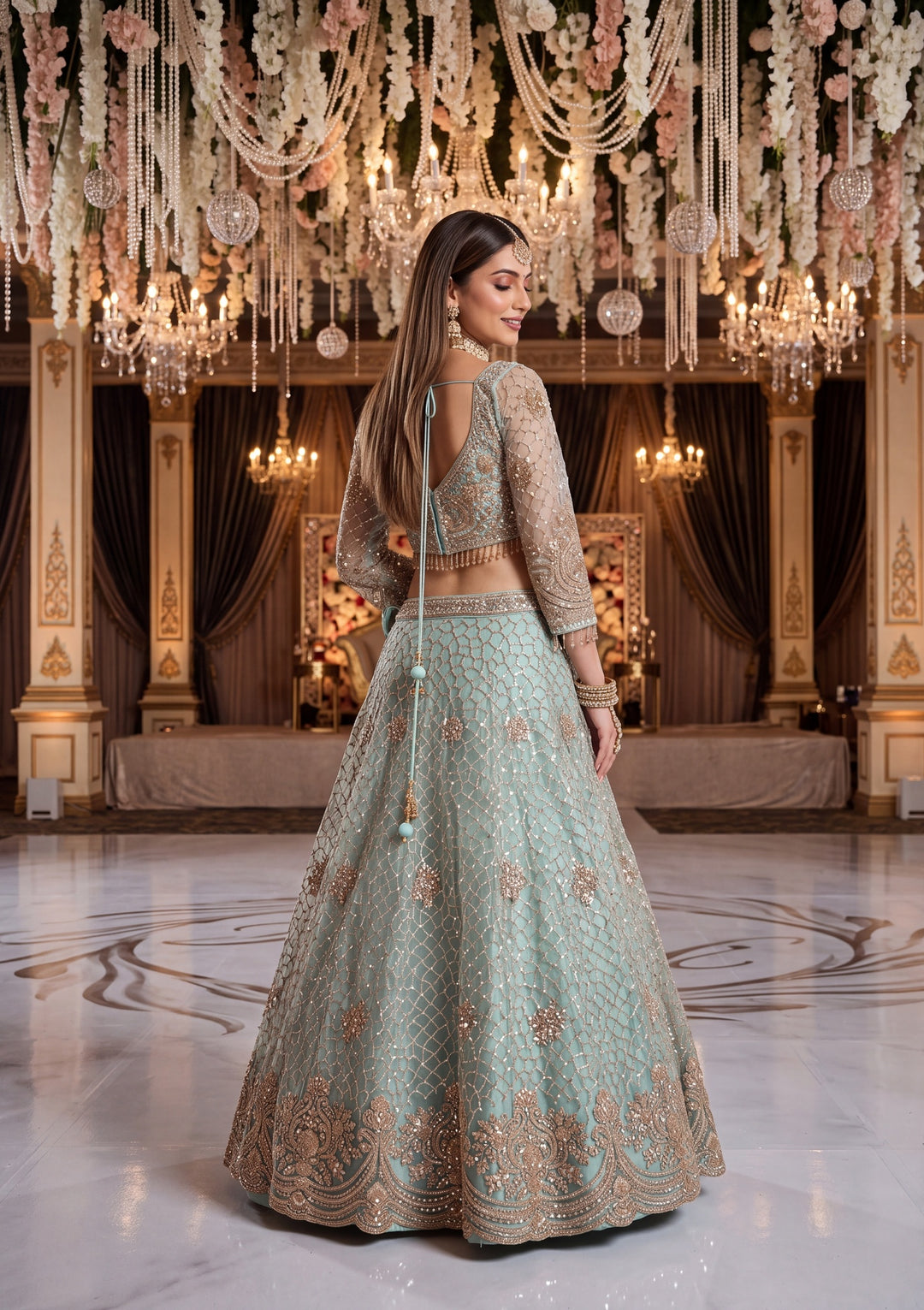 Sky Blue Cutdana Net Readymade Lehenga