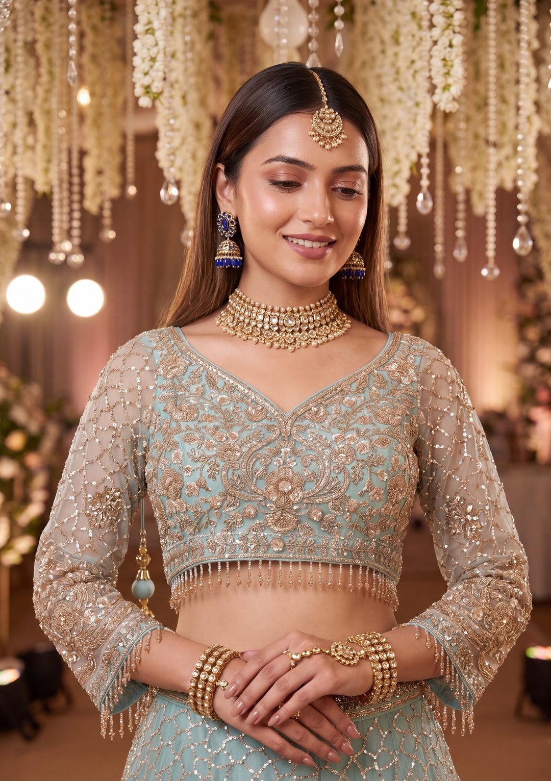 Sky Blue Cutdana Net Readymade Lehenga