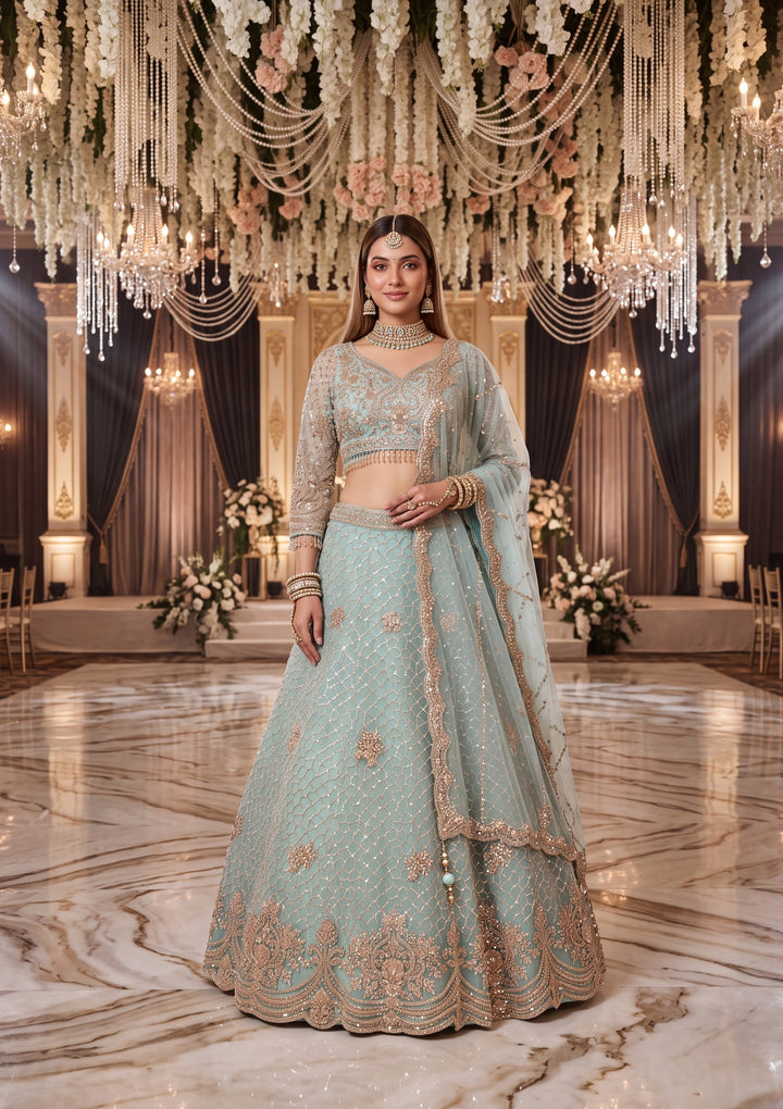 Sky Blue Cutdana Net Readymade Lehenga