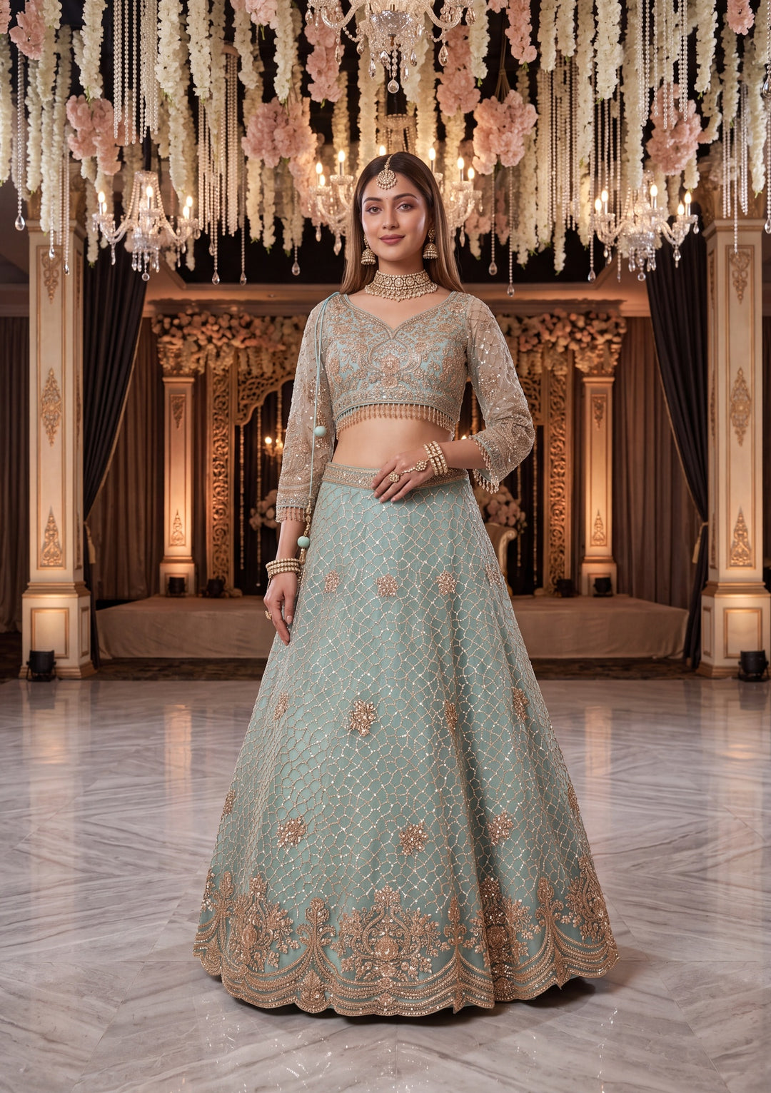Sky Blue Cutdana Net Readymade Lehenga