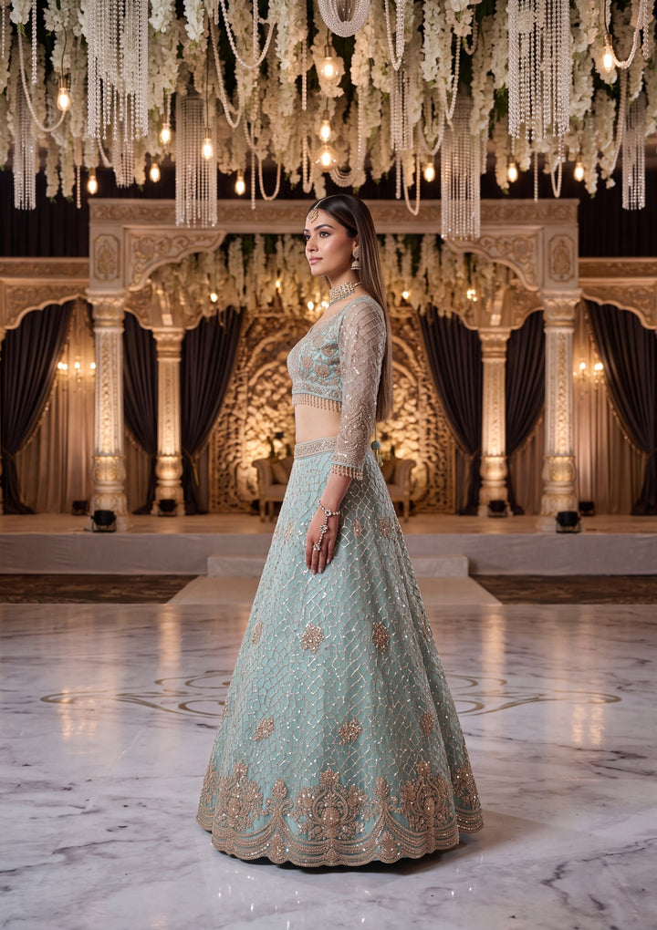 Sky Blue Cutdana Net Readymade Lehenga