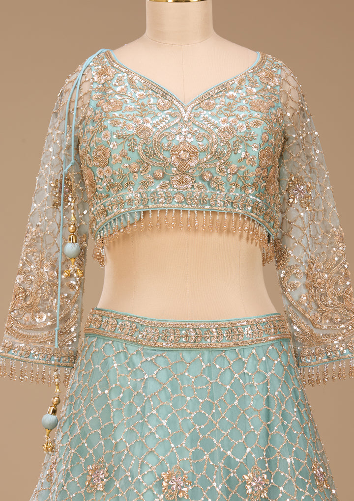 Sky Blue Cutdana Net Readymade Lehenga