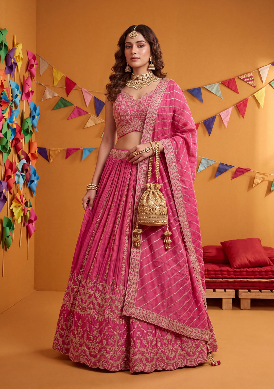 Cording Rani Pink Tissue Stitched Lehenga Blouse With Dupatta