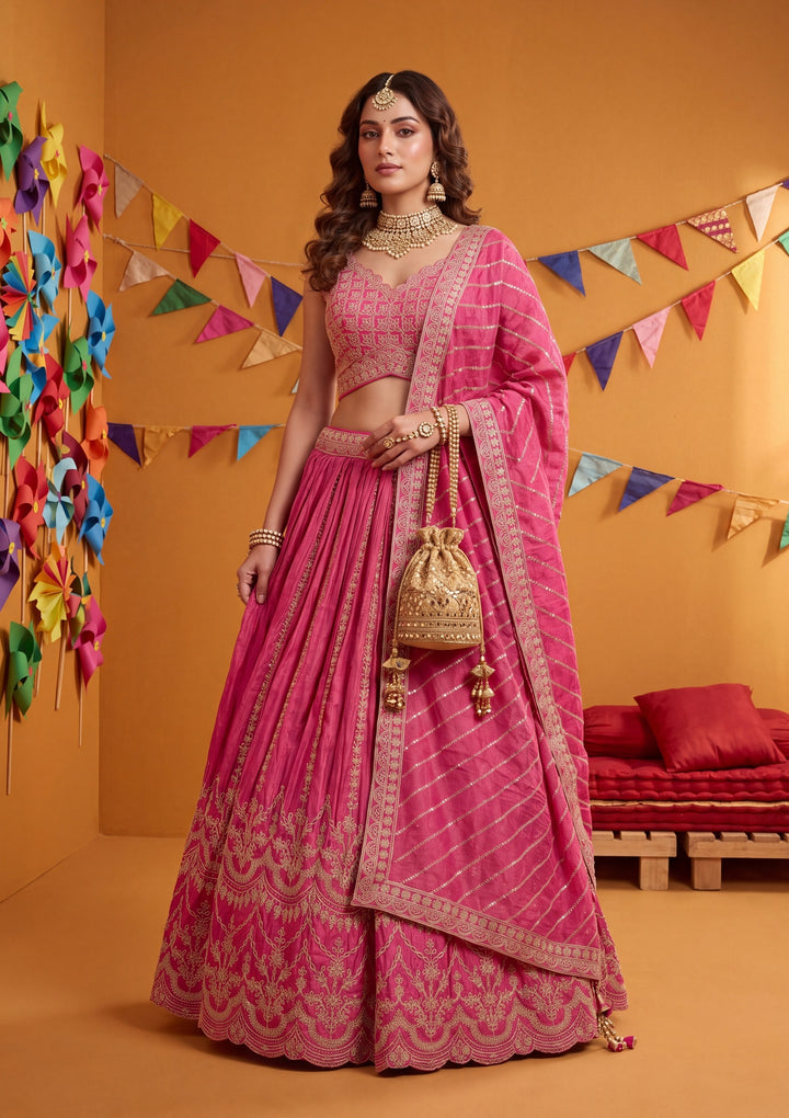 Cording Rani Pink Tissue Stitched Lehenga Blouse With Dupatta
