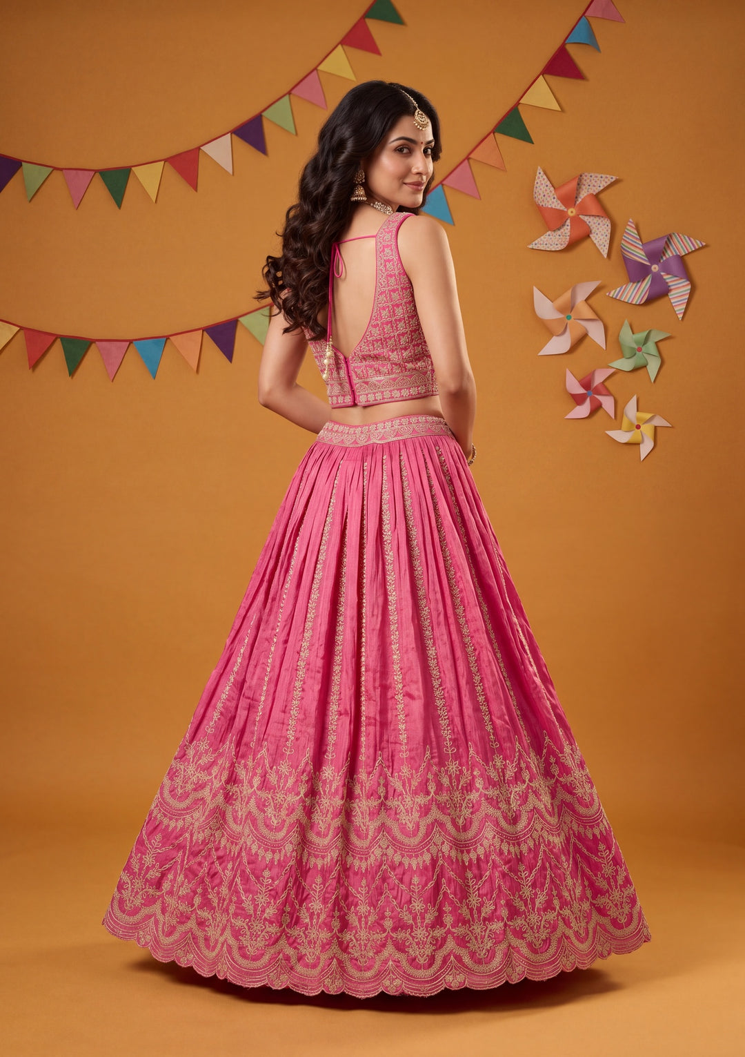 Cording Rani Pink Tissue Stitched Lehenga Blouse With Dupatta