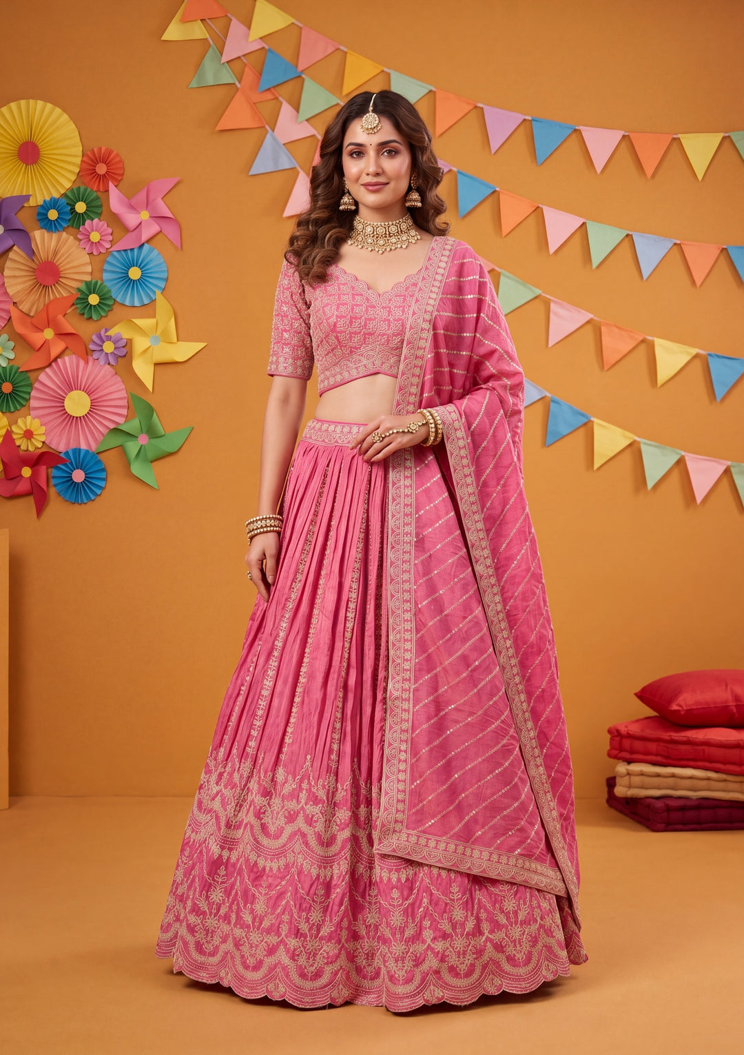Cording Rani Pink Tissue Stitched Lehenga Blouse With Dupatta