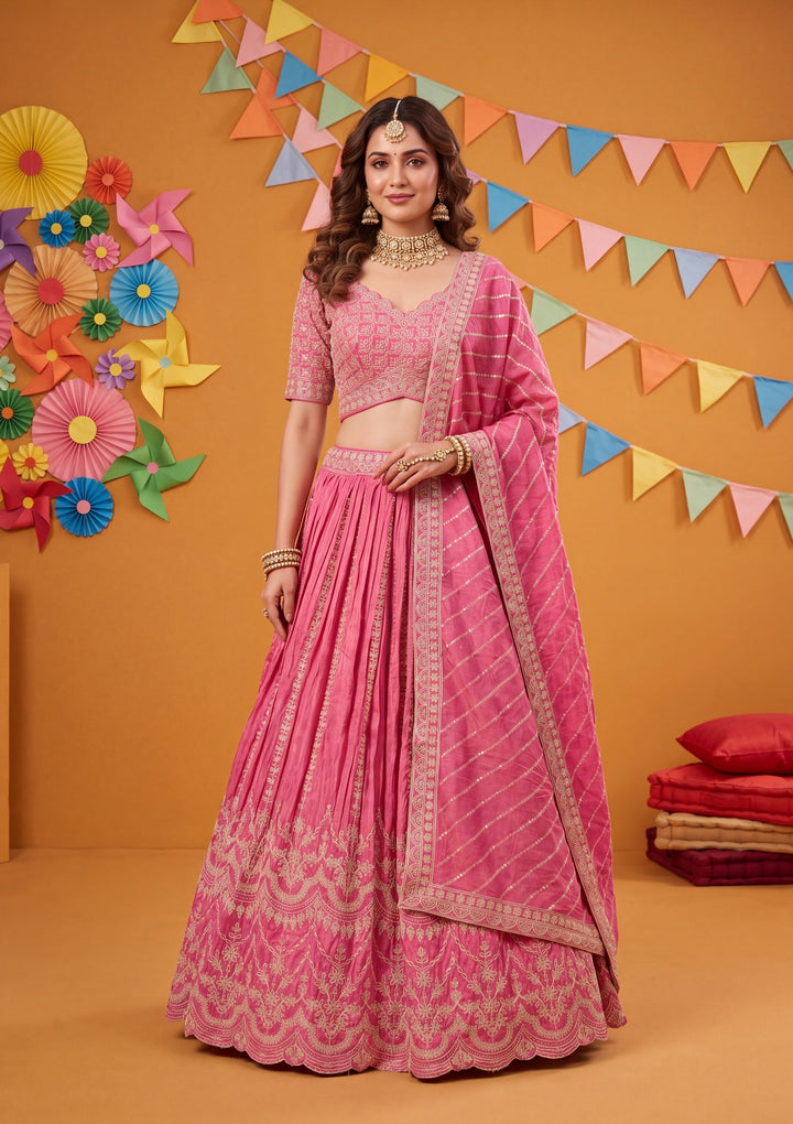 Cording Rani Pink Tissue Stitched Lehenga Blouse With Dupatta