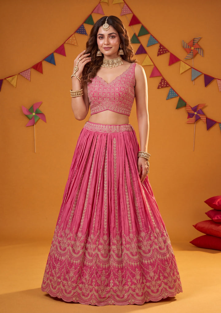 Cording Rani Pink Tissue Stitched Lehenga Blouse With Dupatta