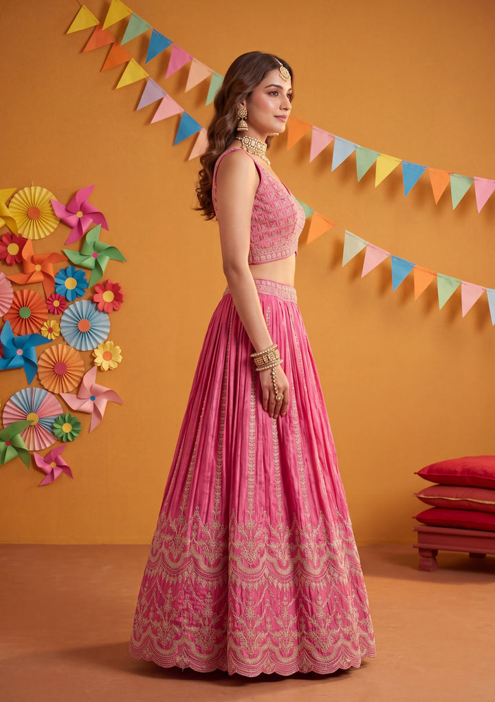 Cording Rani Pink Tissue Stitched Lehenga Blouse With Dupatta