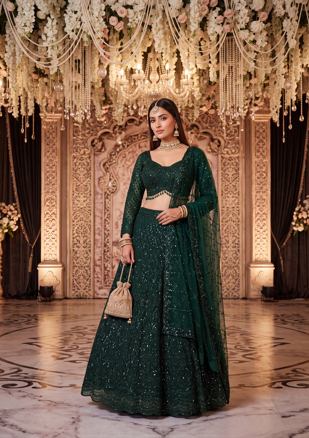 Cutdana Bottle Green Net Stitched Lehenga Blouse With Dupatta