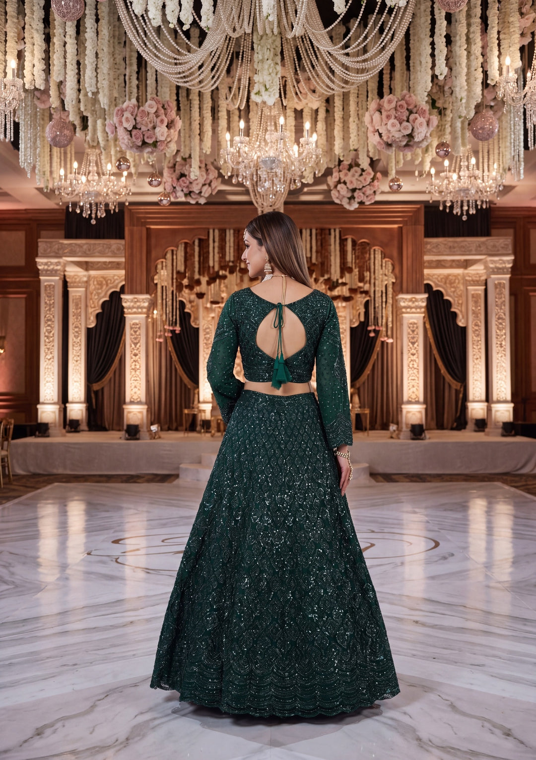 Cutdana Bottle Green Net Stitched Lehenga Blouse With Dupatta