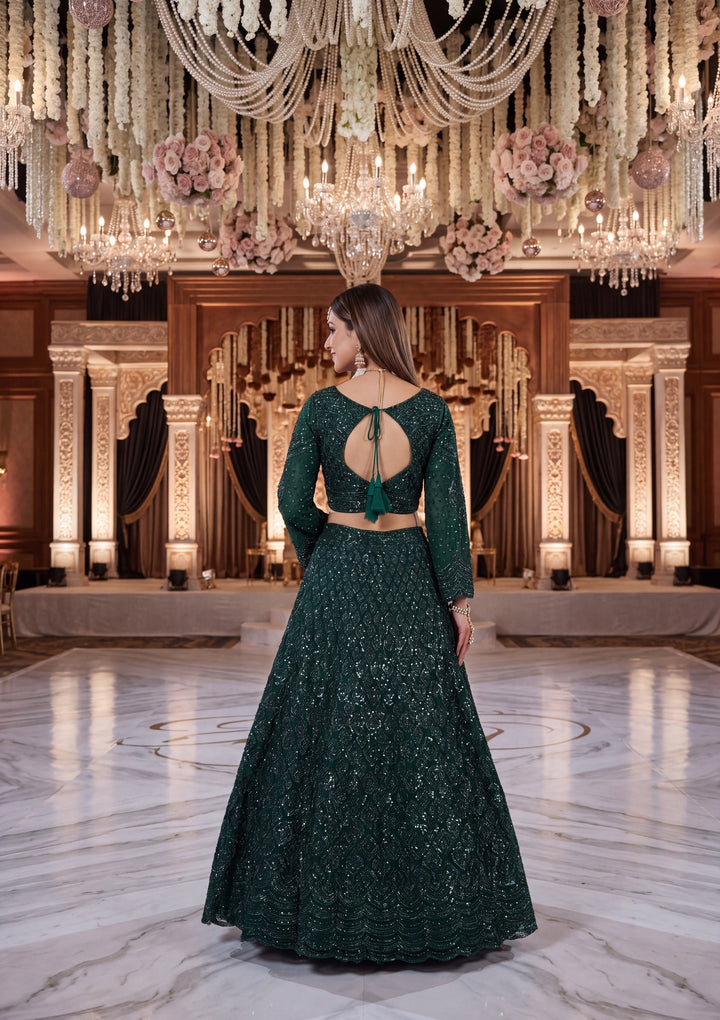 Cutdana Bottle Green Net Stitched Lehenga Blouse With Dupatta