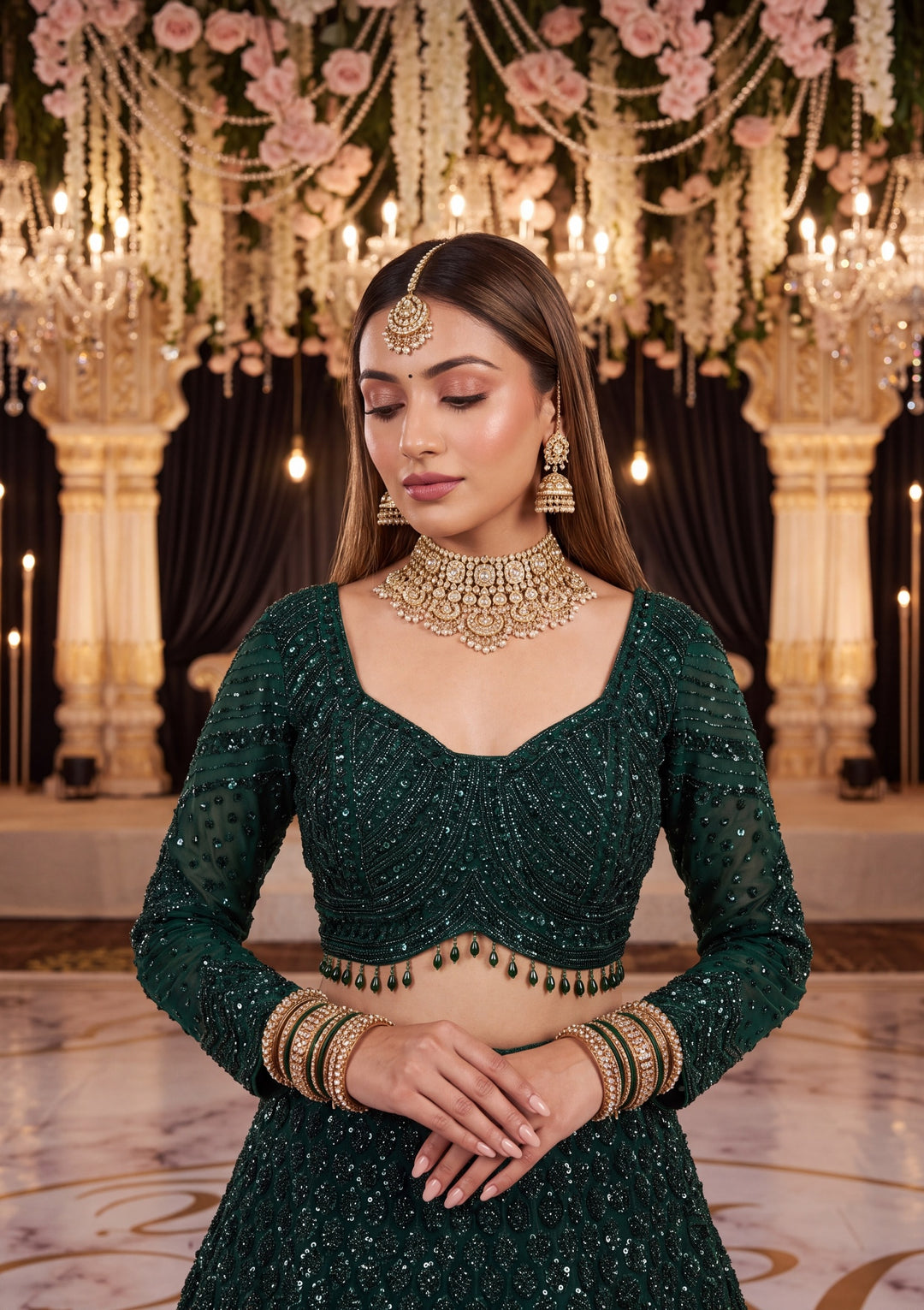 Cutdana Bottle Green Net Stitched Lehenga Blouse With Dupatta