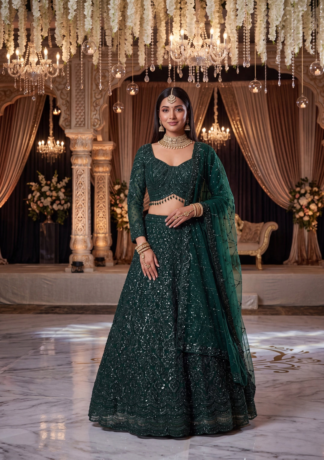 Cutdana Bottle Green Net Stitched Lehenga Blouse With Dupatta