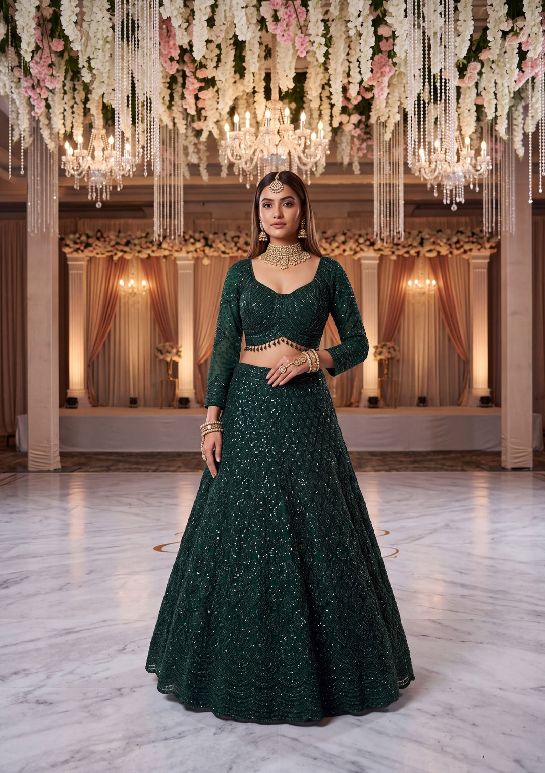 Cutdana Bottle Green Net Stitched Lehenga Blouse With Dupatta