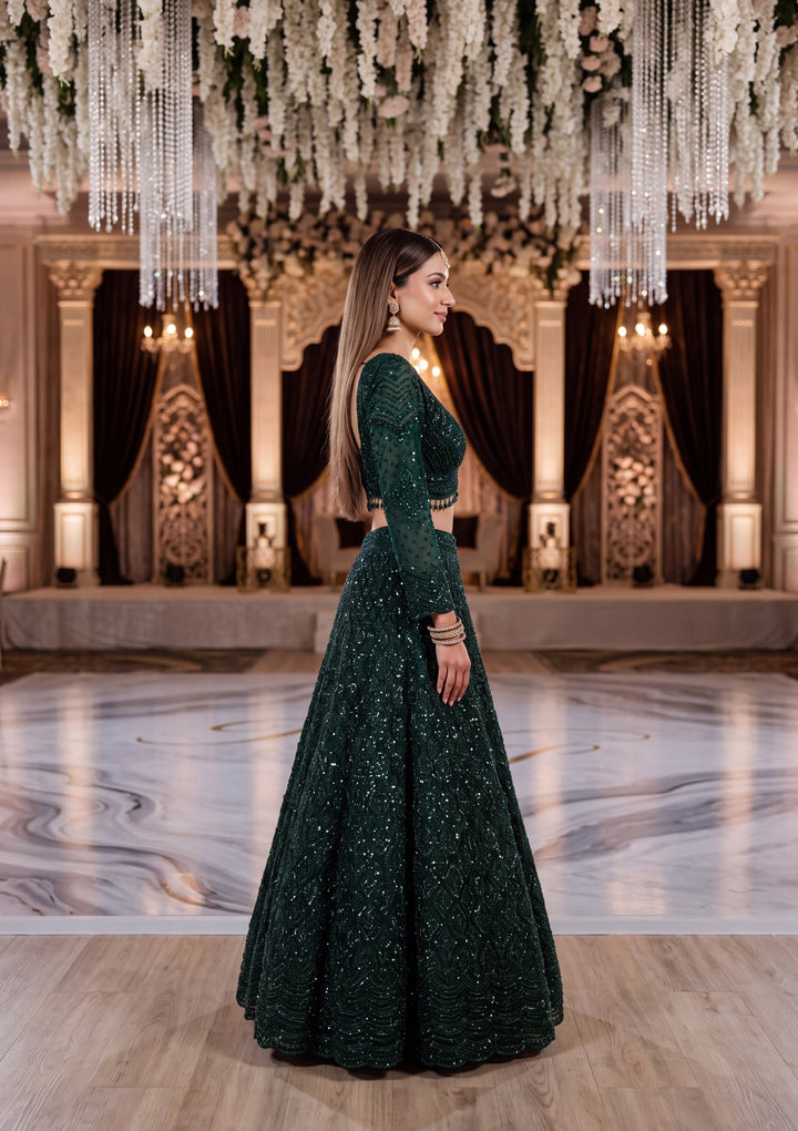 Cutdana Bottle Green Net Stitched Lehenga Blouse With Dupatta