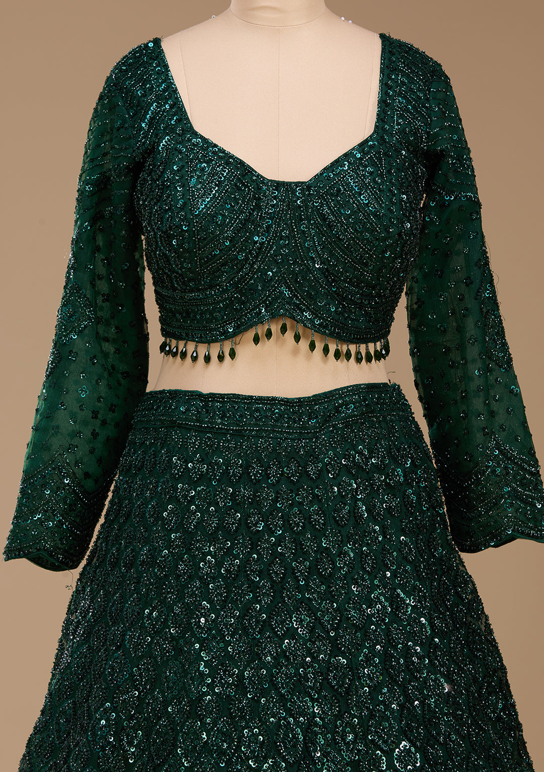 Cutdana Bottle Green Net Stitched Lehenga Blouse With Dupatta