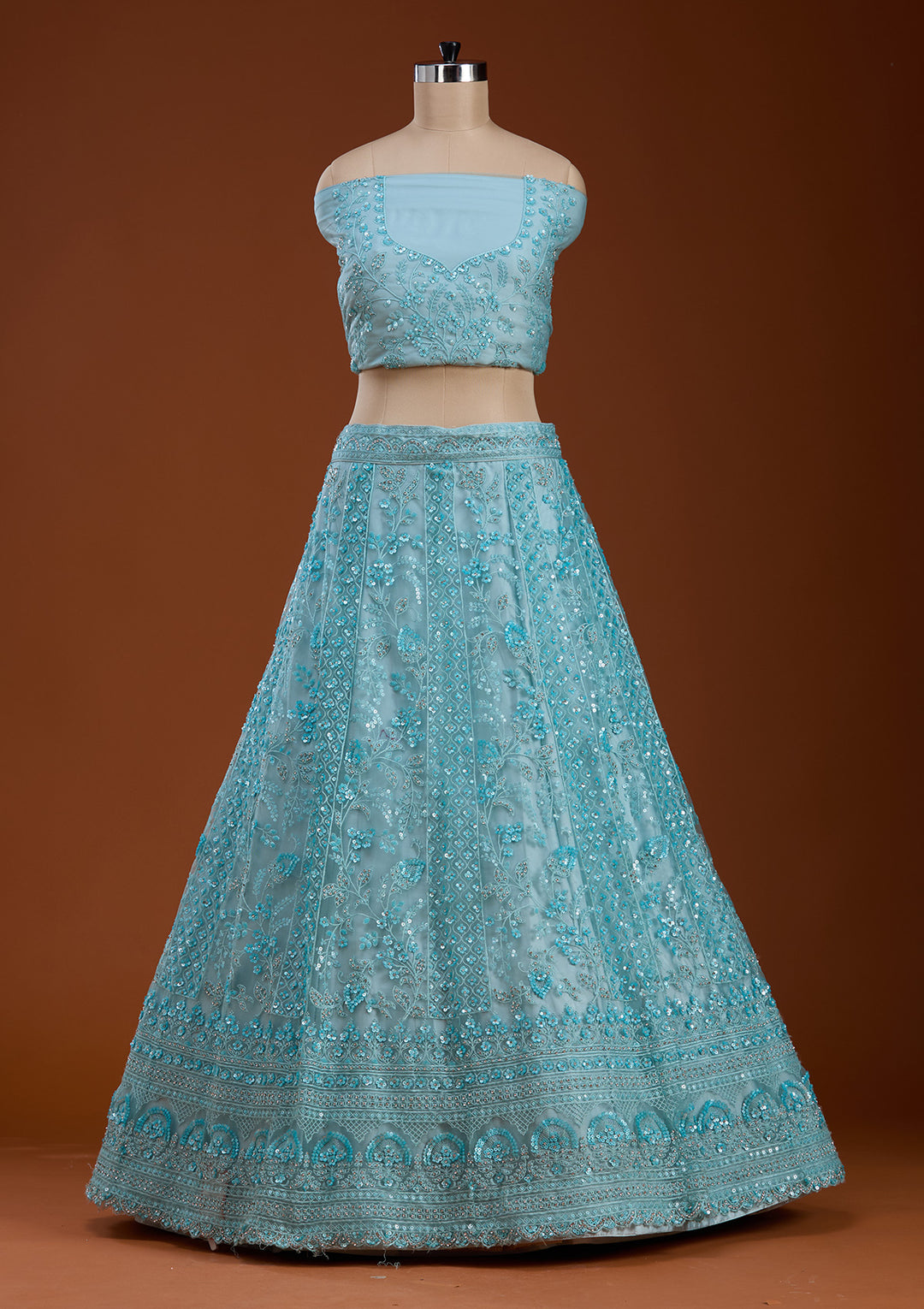 Sky Blue Sequins Net Semi-Stitched Lehenga