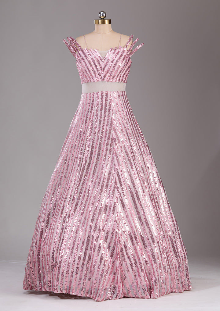Pink Sequins Net Readymade Gown