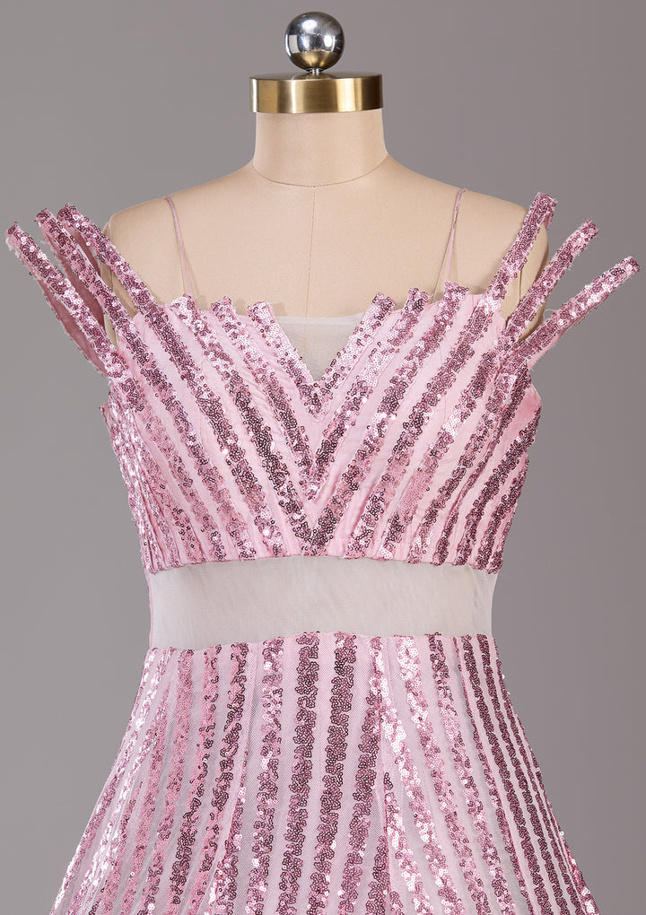 Pink Sequins Net Readymade Gown