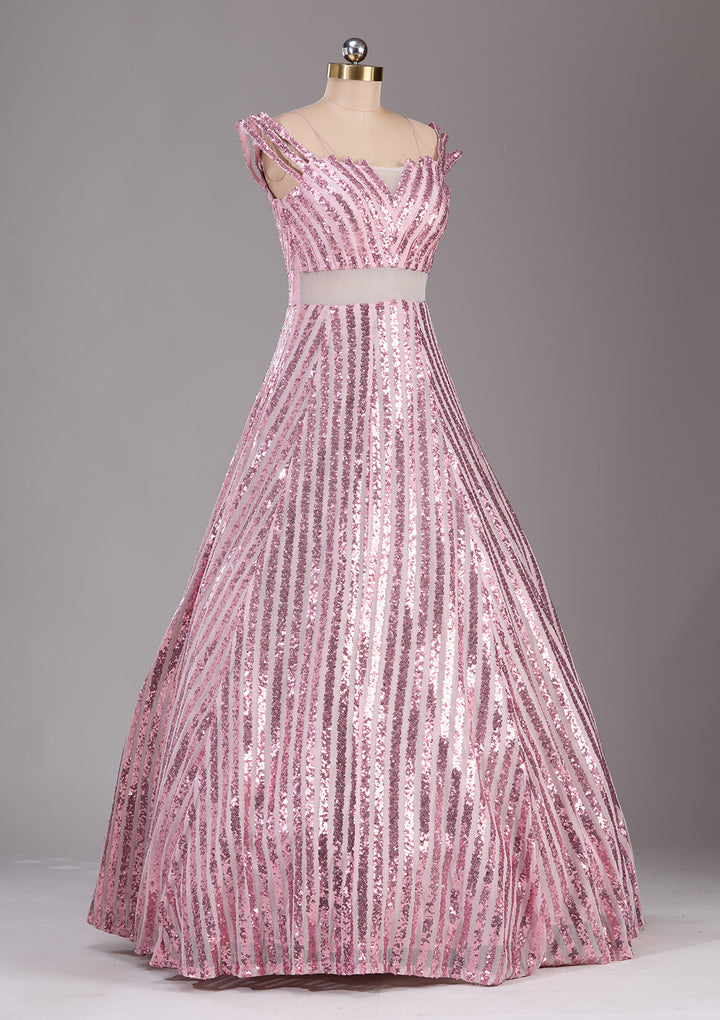 Pink Sequins Net Readymade Gown