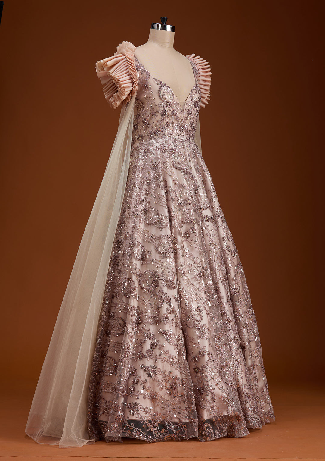 Light Brown Threadwork Net Gown