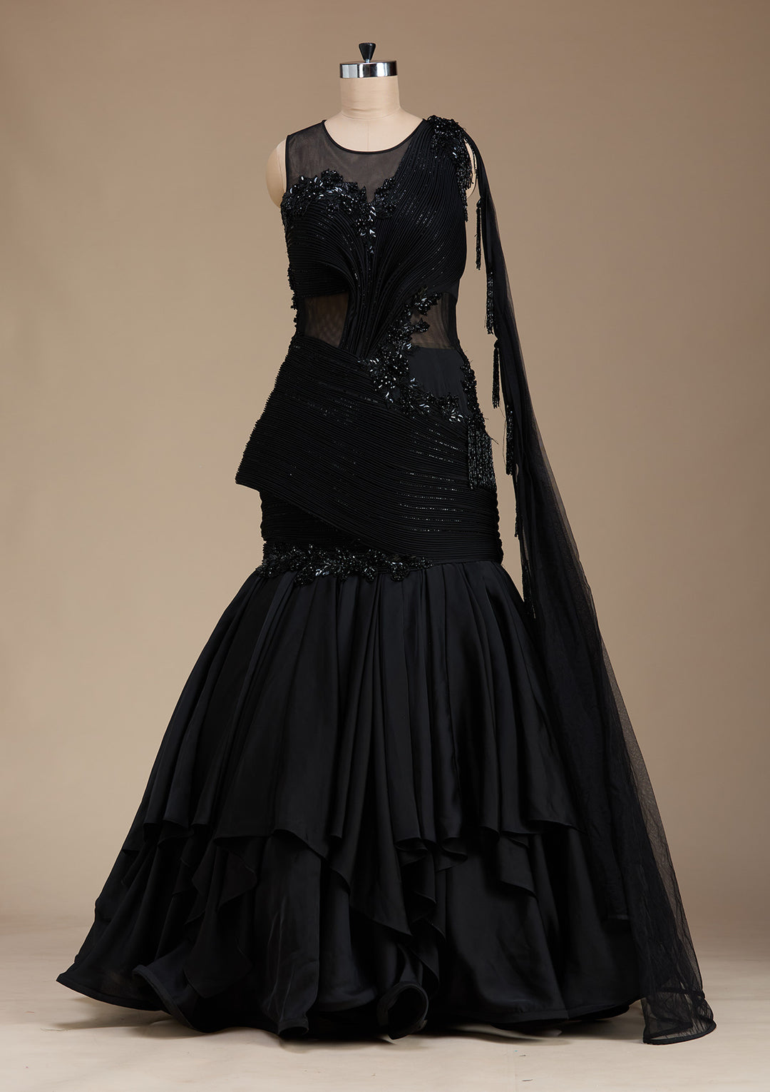 Koskii Satin Black Lehenga with Sequins – Elegant Evening Wear