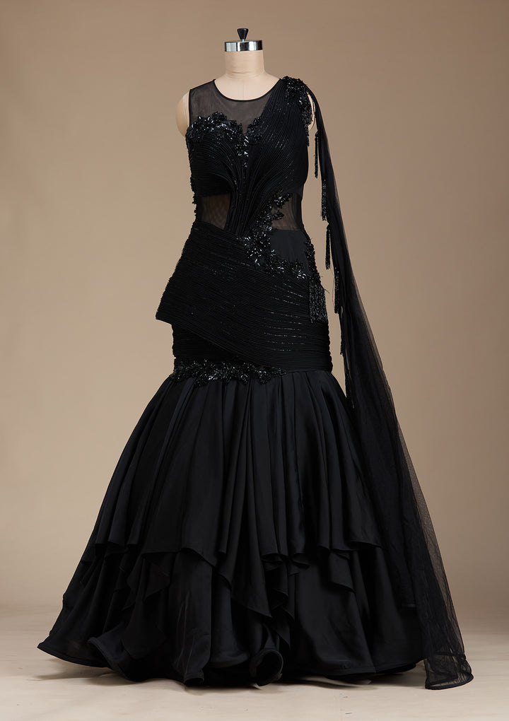 Koskii Satin Black Lehenga with Sequins – Elegant Evening Wear
