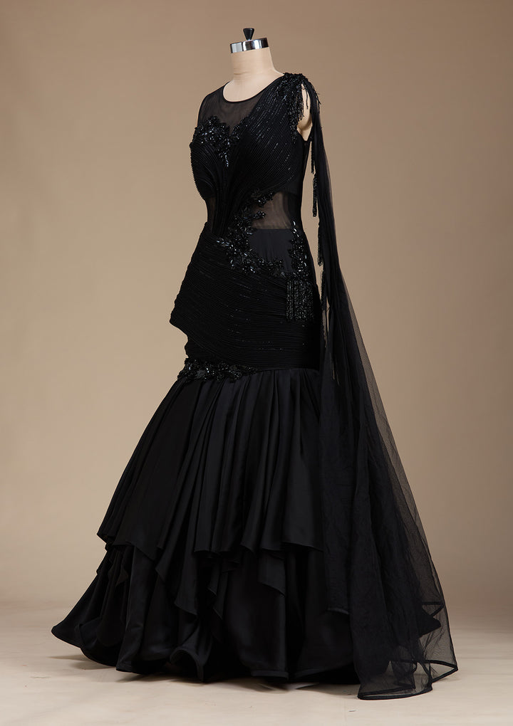 Koskii Satin Black Lehenga with Sequins – Elegant Evening Wear