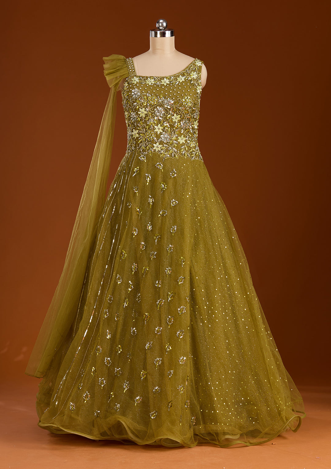 Mehendi Sequins Net Readymade Gown
