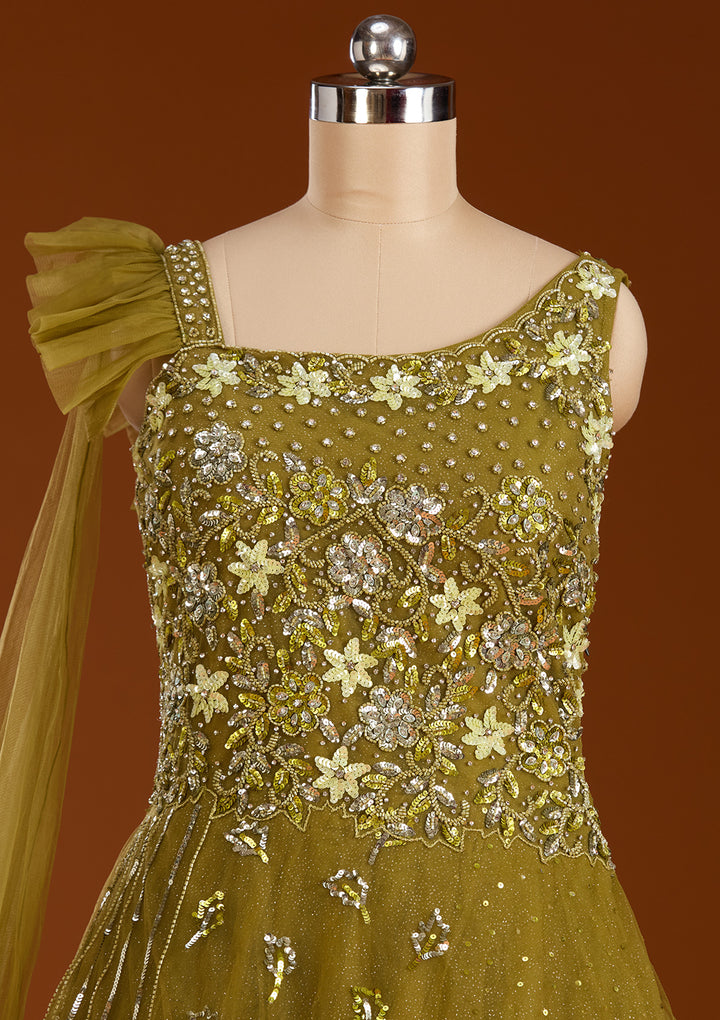 Mehendi Sequins Net Readymade Gown