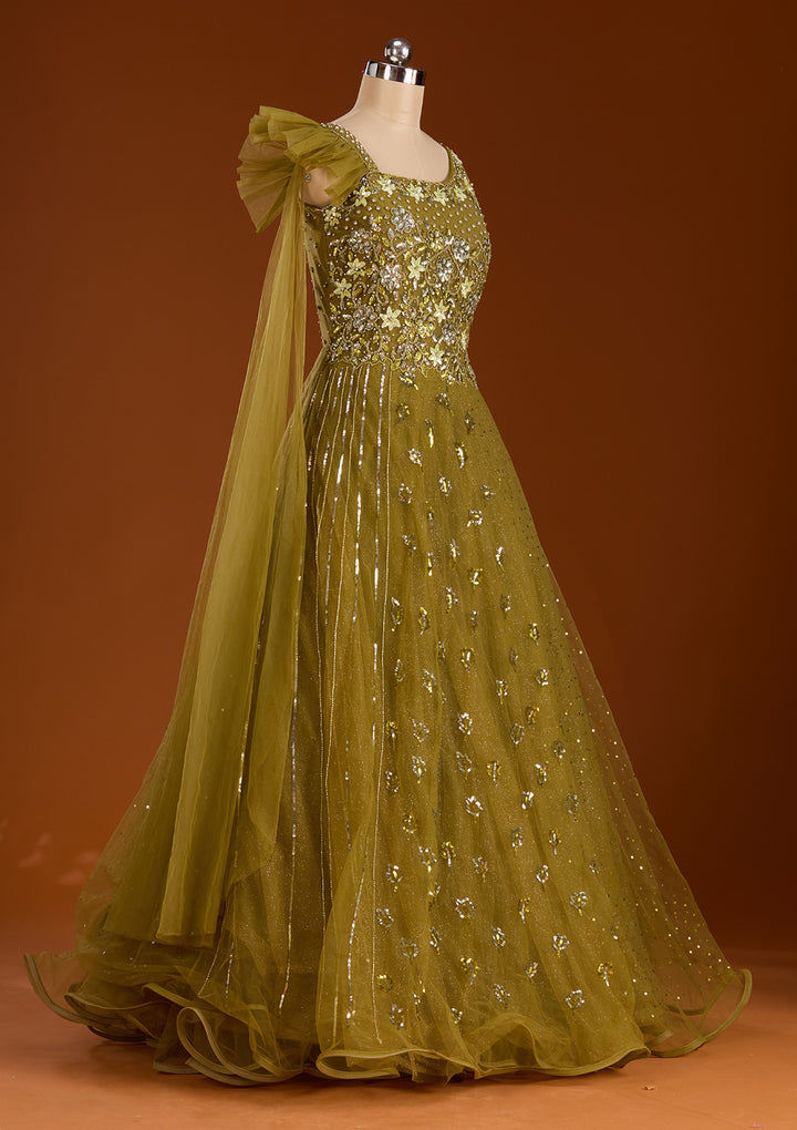 Mehendi Sequins Net Readymade Gown