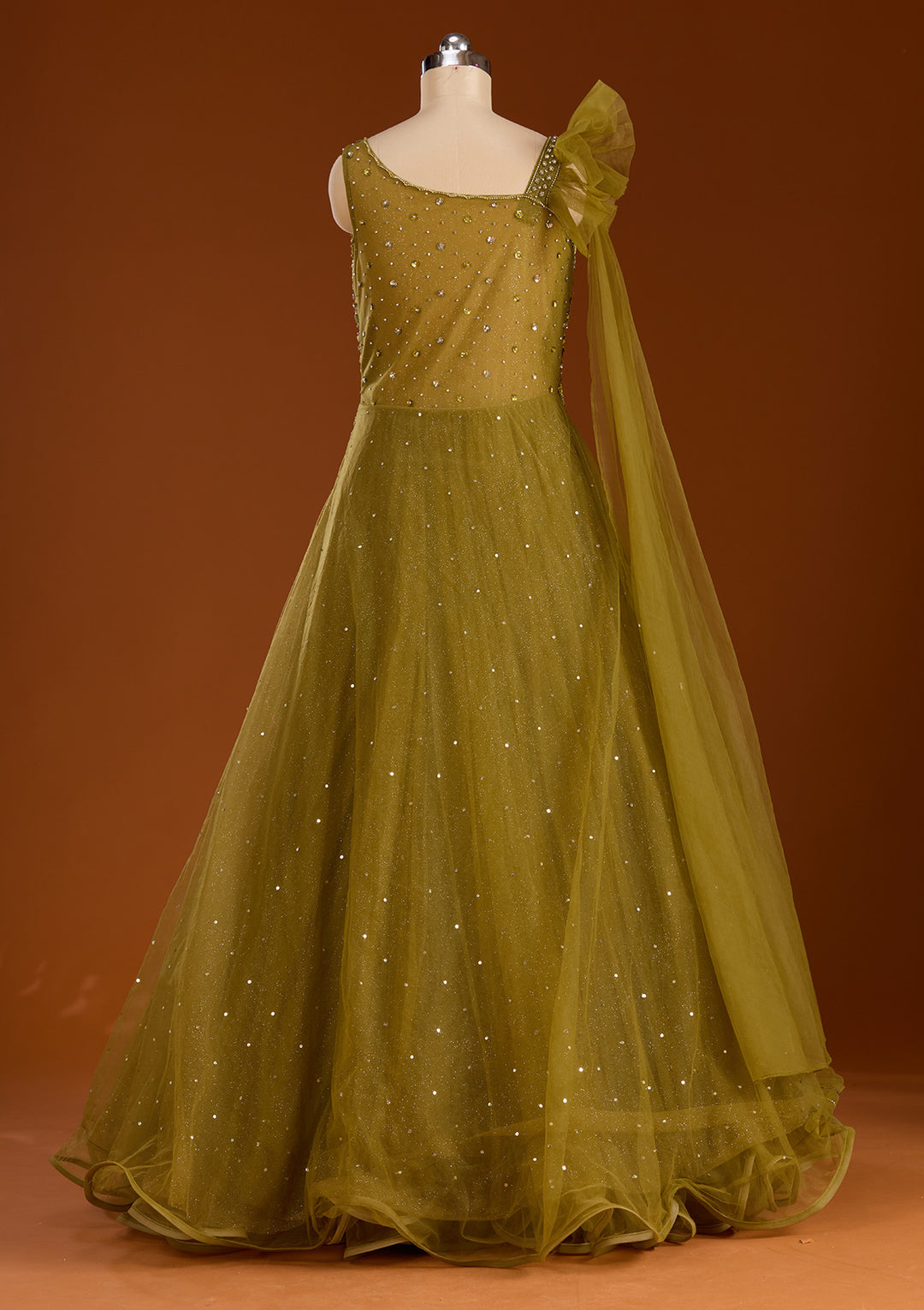 Mehendi Sequins Net Readymade Gown