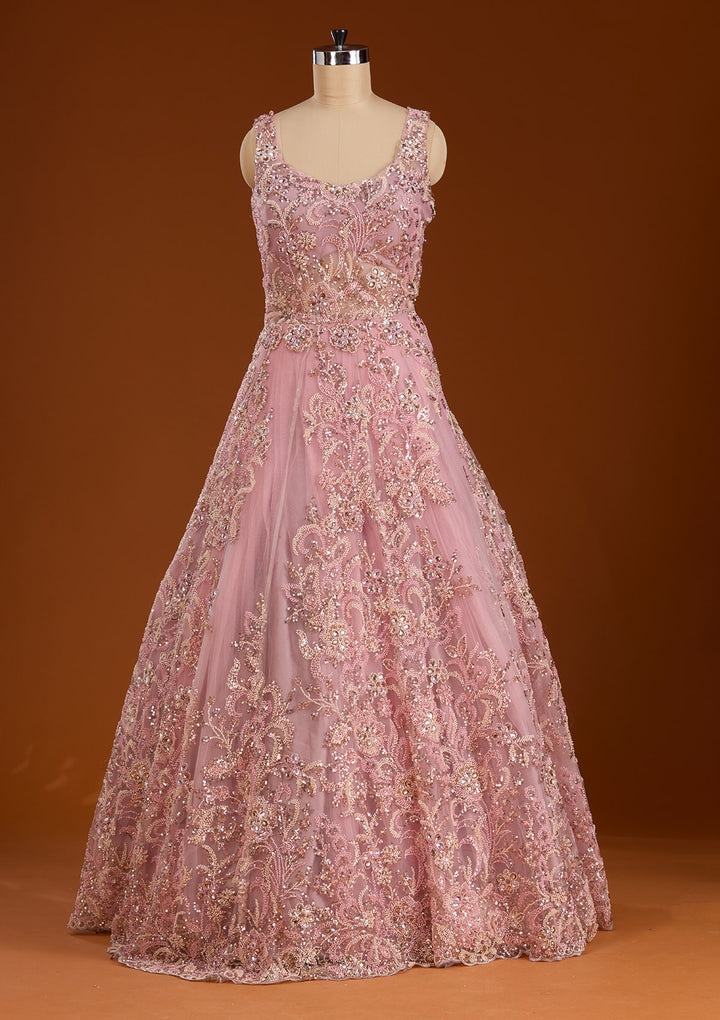Pink Stonework Net Readymade Gown