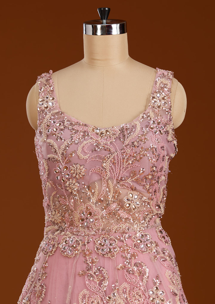 Pink Stonework Net Readymade Gown