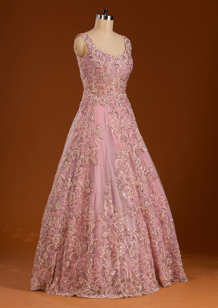 Pink Stonework Net Readymade Gown