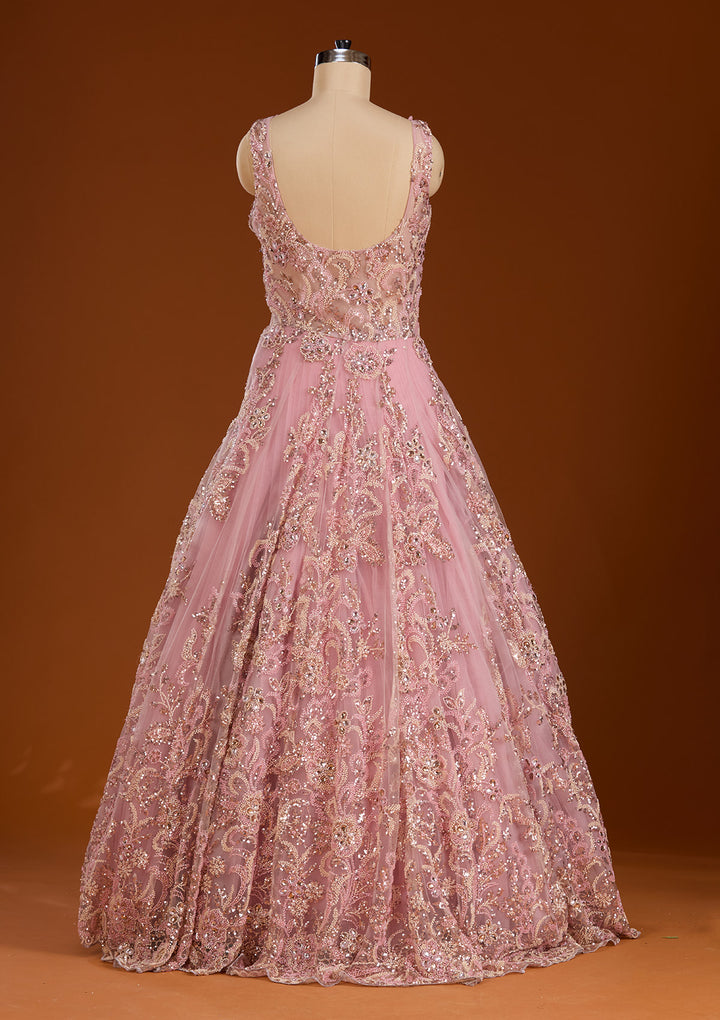 Pink Stonework Net Readymade Gown