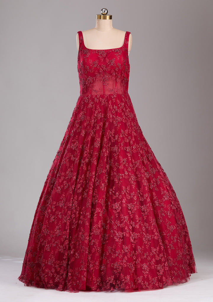 Koskii Net Red Glitter Embroidered Gown – Perfect for Evening Galas