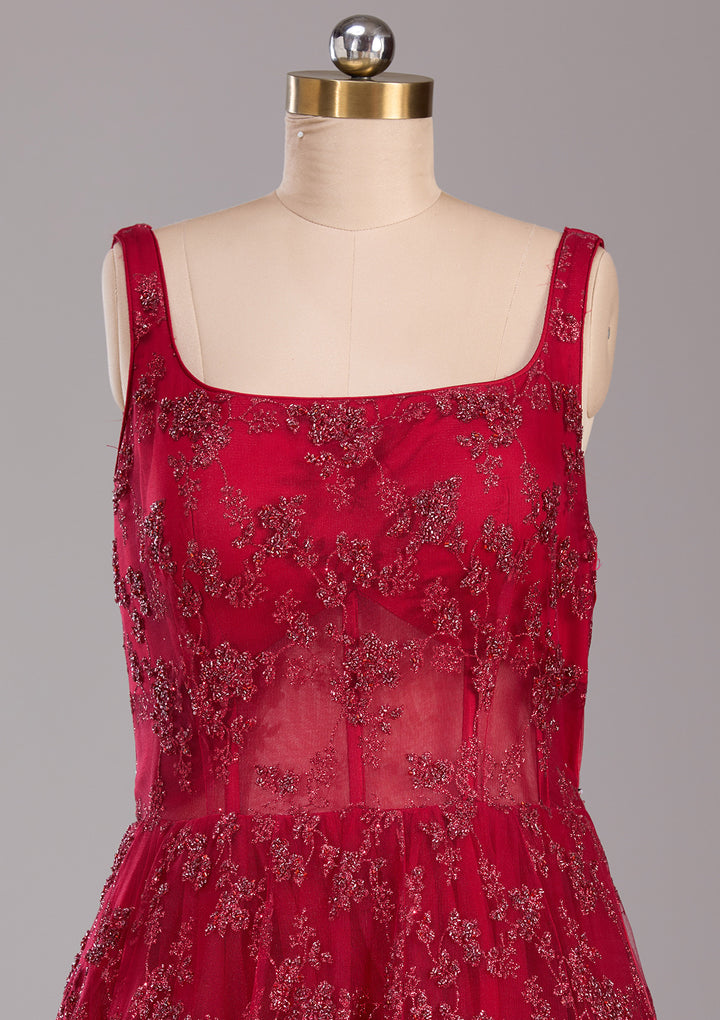 Koskii Net Red Glitter Embroidered Gown – Perfect for Evening Galas