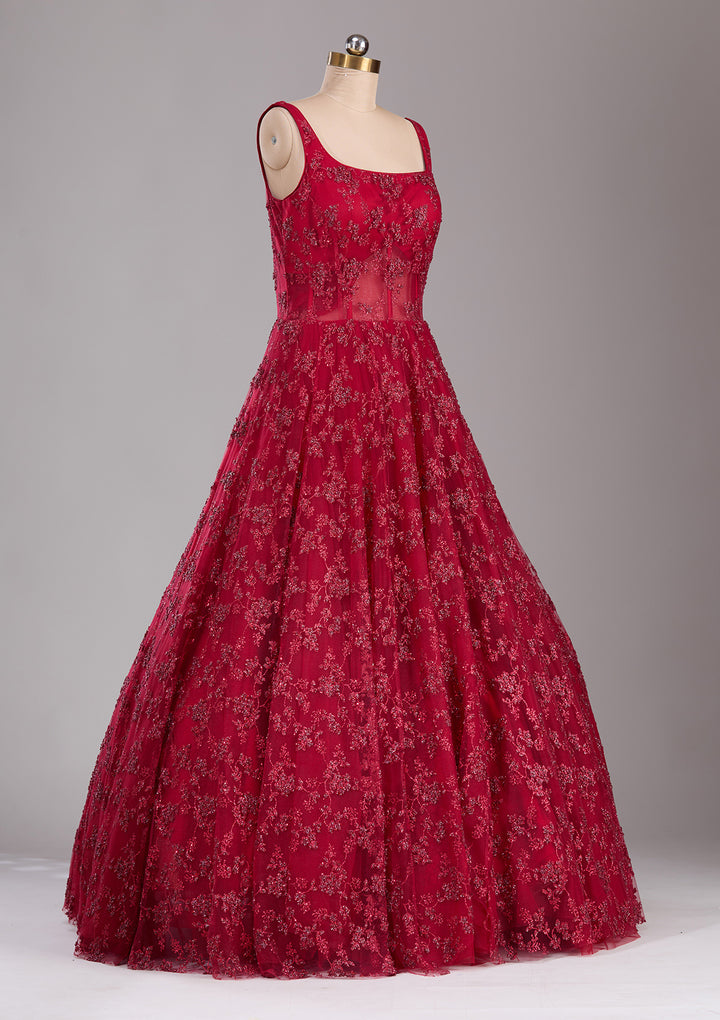 Koskii Net Red Glitter Embroidered Gown – Perfect for Evening Galas