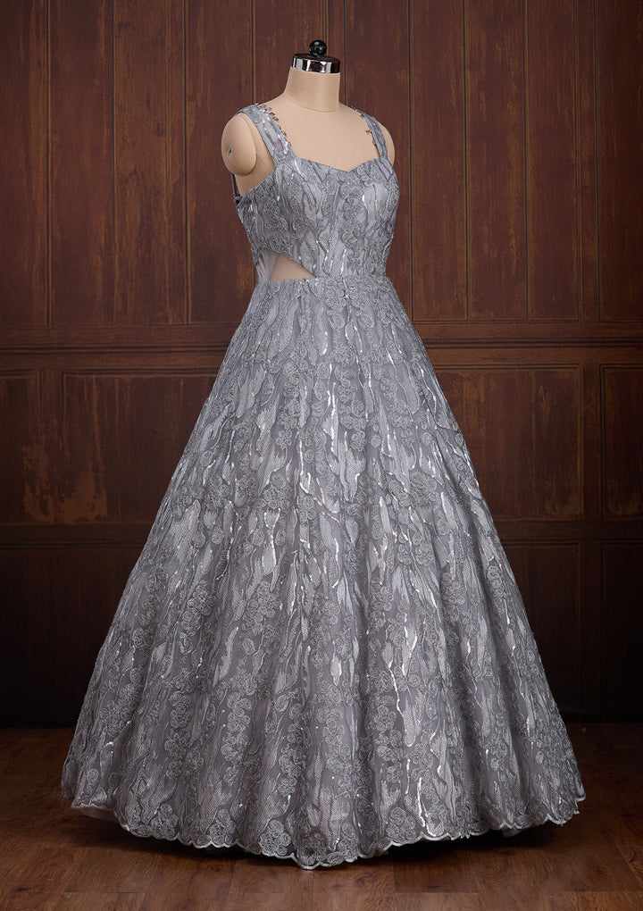 Grey Sequins Net Gown