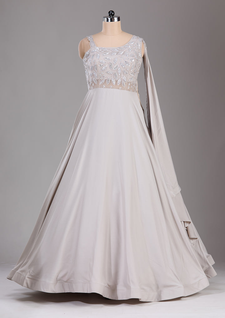 Cream Stonework Satin Readymade Gown