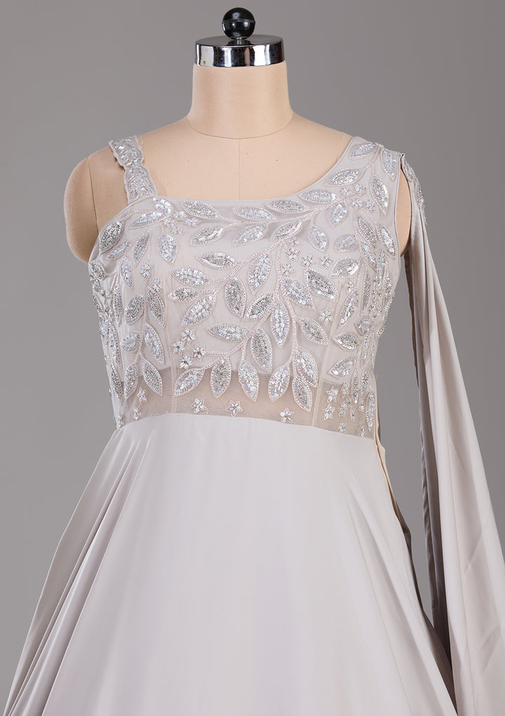 Cream Stonework Satin Readymade Gown