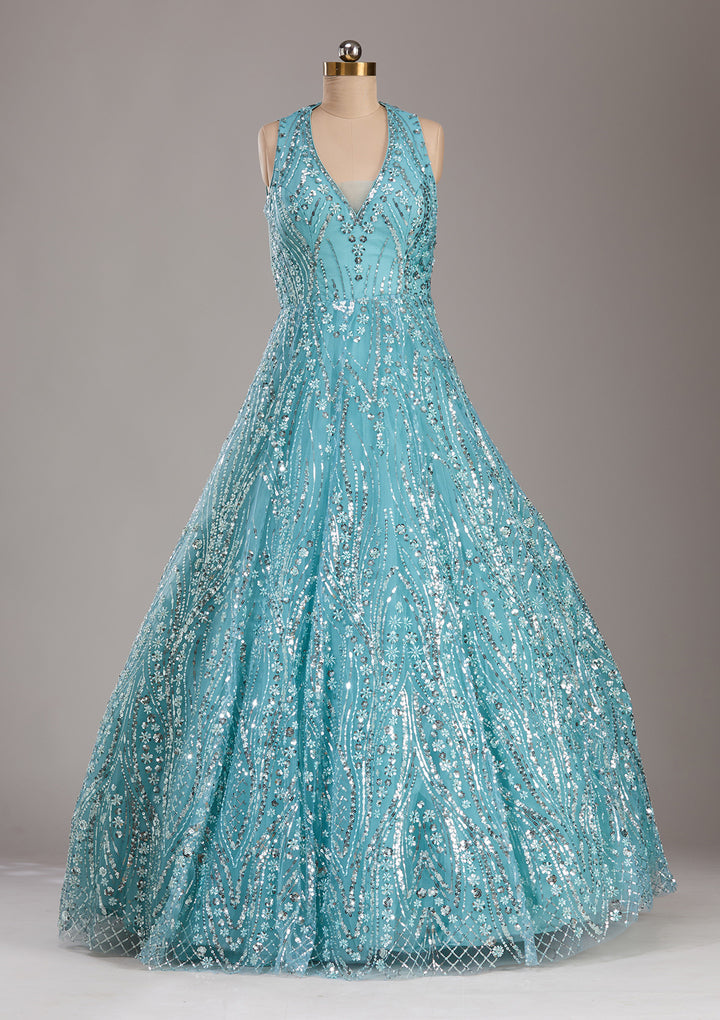 Sea Green Sequins Net Readymade Gown