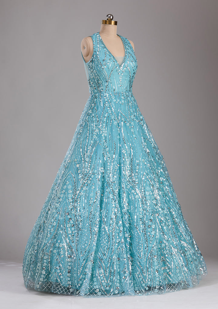 Sea Green Sequins Net Readymade Gown