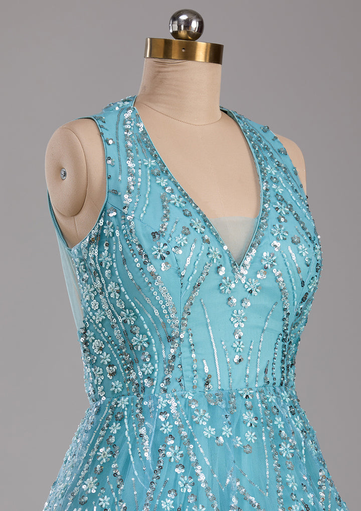 Sea Green Sequins Net Readymade Gown