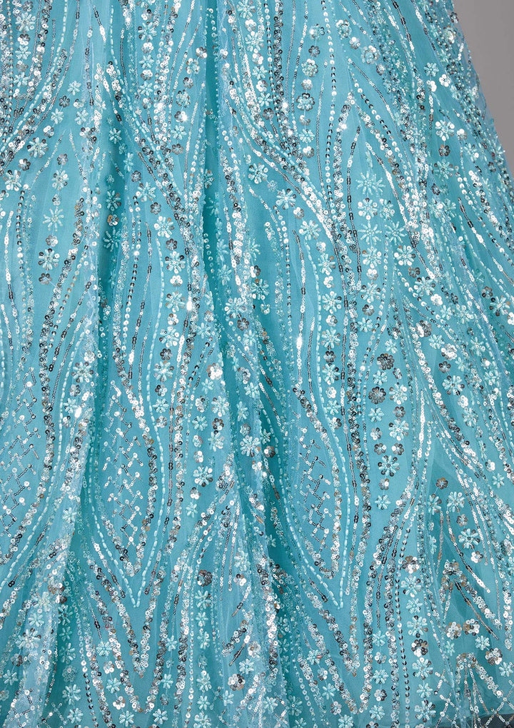 Sea Green Sequins Net Readymade Gown