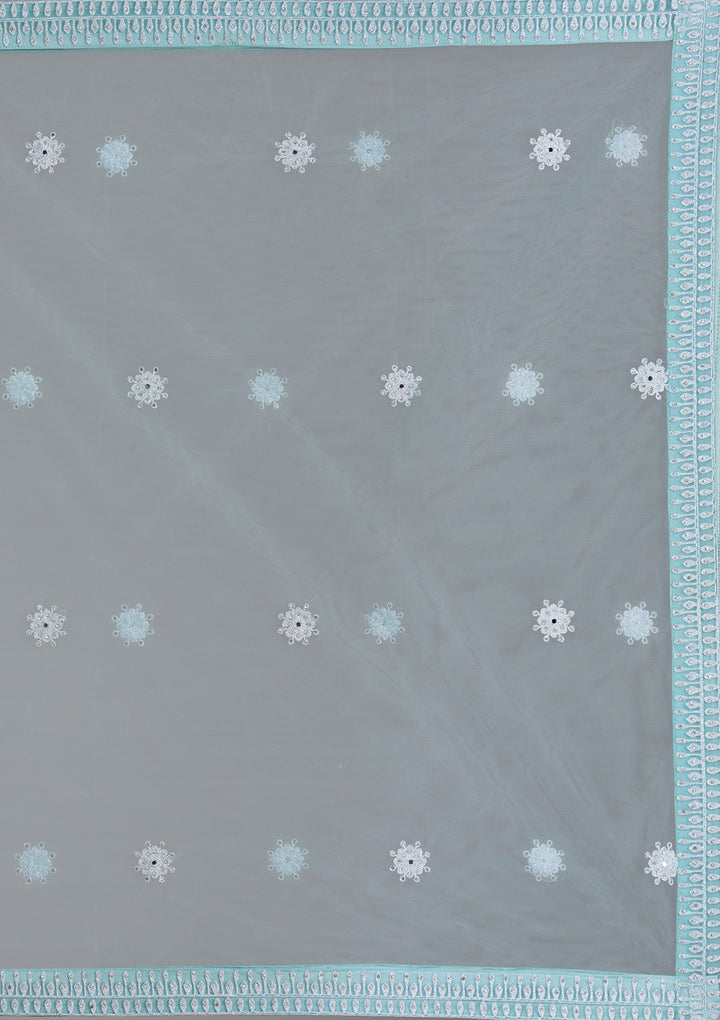 Sky Blue Silver Stonework Net Readymade Gown